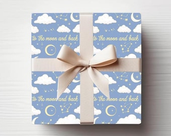 Blue "To the Moon and Back" Gift Wrap, Baby Shower Gift Wrap, Wrapping Paper Roll, Blue Gift Wrap for Baby Boy Shower