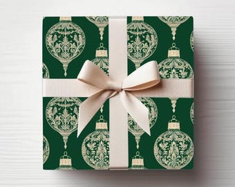 Hunter Green Ornate Ornaments Wrapping Paper Roll Vintage Style Gift Wrap Roll Holiday Gift Wrap Christmas Wrapping Paper