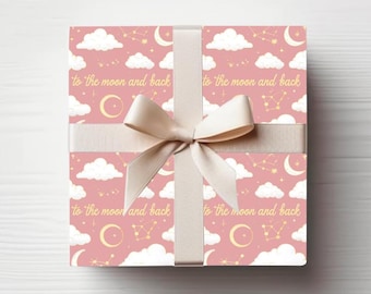 Pink "To the Moon and Back" Gift Wrap, Baby Shower Gift Wrap, Wrapping Paper Roll, Pink Gift Wrap for Baby Girl Shower