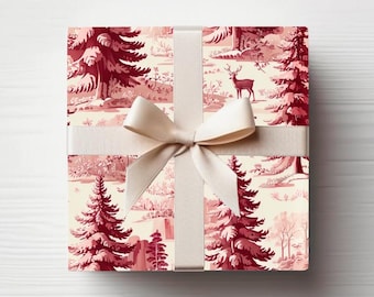 Winter Burgundy Red Toile de Jouy Wrapping Paper Roll Vintage Style Gift Wrap Roll Holiday Gift Wrap Christmas Wrapping Paper