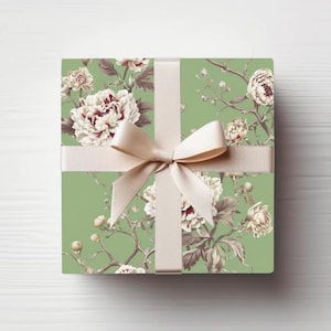 Chinoiserie Sage Green Floral Wrapping Paper Roll Vintage Style Gift Wrap Roll Elegant Wedding Holiday Gift Wrap Nancy Meyers Aesthetic