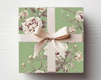 Chinoiserie Floral Wrapping Paper: Sage Green Peonies, Elegant Gift Wrap