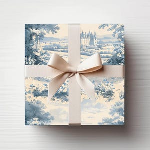 Rotolo di carta da regalo Toile de Jouy blu estivo, carta da regalo in stile vintage, campagna francese, provincia francese, matrimonio in toile francese