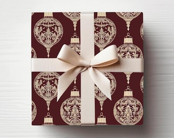 Burgundy Red Ornate Ornaments Wrapping Paper Roll Vintage Style Gift Wrap Roll Holiday Gift Wrap Christmas Wrapping Paper