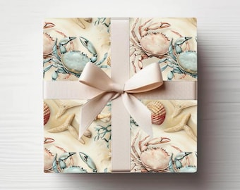 Blue & Pink Crabs and Seashells Wrapping Paper Roll, Premium Gift Wrap for Beach Weddings, Coastal Christmas