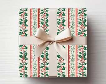 Holly Garlands Christmas Wrapping Paper, Vintage Nordic Style, Scandi Christmas, Holiday Gift Wrap, Vintage Christmas Wrapping Paper Rolls
