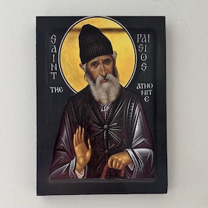 Saint Paisios of Mount Athos orthodox Icon. Elder Paisios the Athonite. Byzantine art. Handmade wall hanging wood plaque.