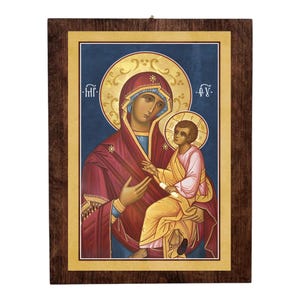 Icono de la Virgen María: placa de madera de la Theotokos ortodoxa griega hecha a mano
