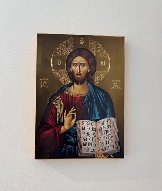 Handmade Jesus Christ Orthodox Icon, Pine Wall Plaque
