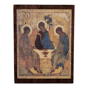 Hospitality of Abraham icon, The Holy Trinity icon Depiction by Andrei Rublev. Byzantine art, handmade wall hanging wood plaque.