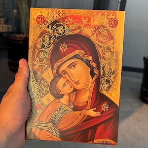 Virgin Mary icon Theotokos, Greek Christian Orthodox Icon, Mother of God Byzantine art, Panagia handmade wall hanging wood plaque.