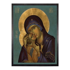 Virgin Mary icon Theotokos, Greek Christian Orthodox Icon, Mother of God Byzantine art, Panagia handmade wall hanging wood plaque. Pascha