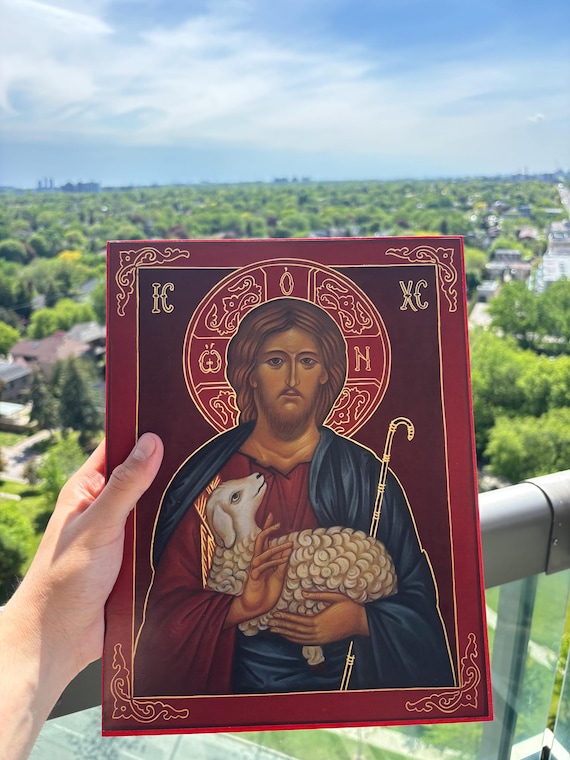 Jesus Christ the Good Shepherd handmade orthodox icon. Byzantine art. Passion of Christ.