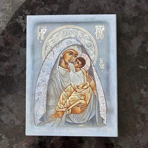 Virgin Mary icon Theotokos, Greek Christian Orthodox Icon, Mother of God Byzantine art, Panagia handmade wall hanging wood plaque.