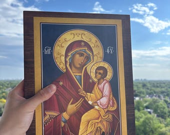 Icono de la Virgen María: Placa de madera de la Theotokos ortodoxa griega hecha a mano