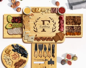 Personalized Bamboo Charcuterie Board with 3 Drawers & Utensils Set - Custom Engraved Mother's Day Gift, Housewarming (Round Tray Included)