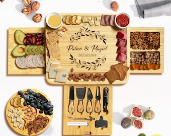 Custom Bamboo 3-Drawer Charcuterie Board Set w/Utensils & Round Tray - Personalized Cheese Plate for Entertaining Present, Christmas Gift