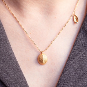Brushed Gold Coffee Bean Necklace & Leaf Charm, Handmade Textured Gold Pendant Necklace, Unique Gifts for Her, Coffee Lover Dainty Jewelry
