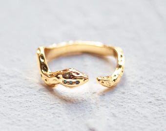 Gold Snake Ring • Emerald CZ Adjustable Statement Ring