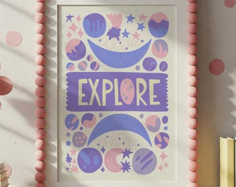 Kids Explore Space Wall Art Printable, Celestial Nursery, Montessori Bedroom Decor (Digital Download)