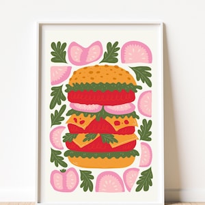 Hamburger Poster for kitchen decor. Digital download - colorful, Matisse artwork, abstract, bold, food wall art. Vintage American Diner.