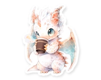 May include: A watercolor-style sticker of a cute white dragon with orange spots and accents, holding a brown cup. The dragon has large blue eyes and light blue and orange wings. The sticker is on a white background.