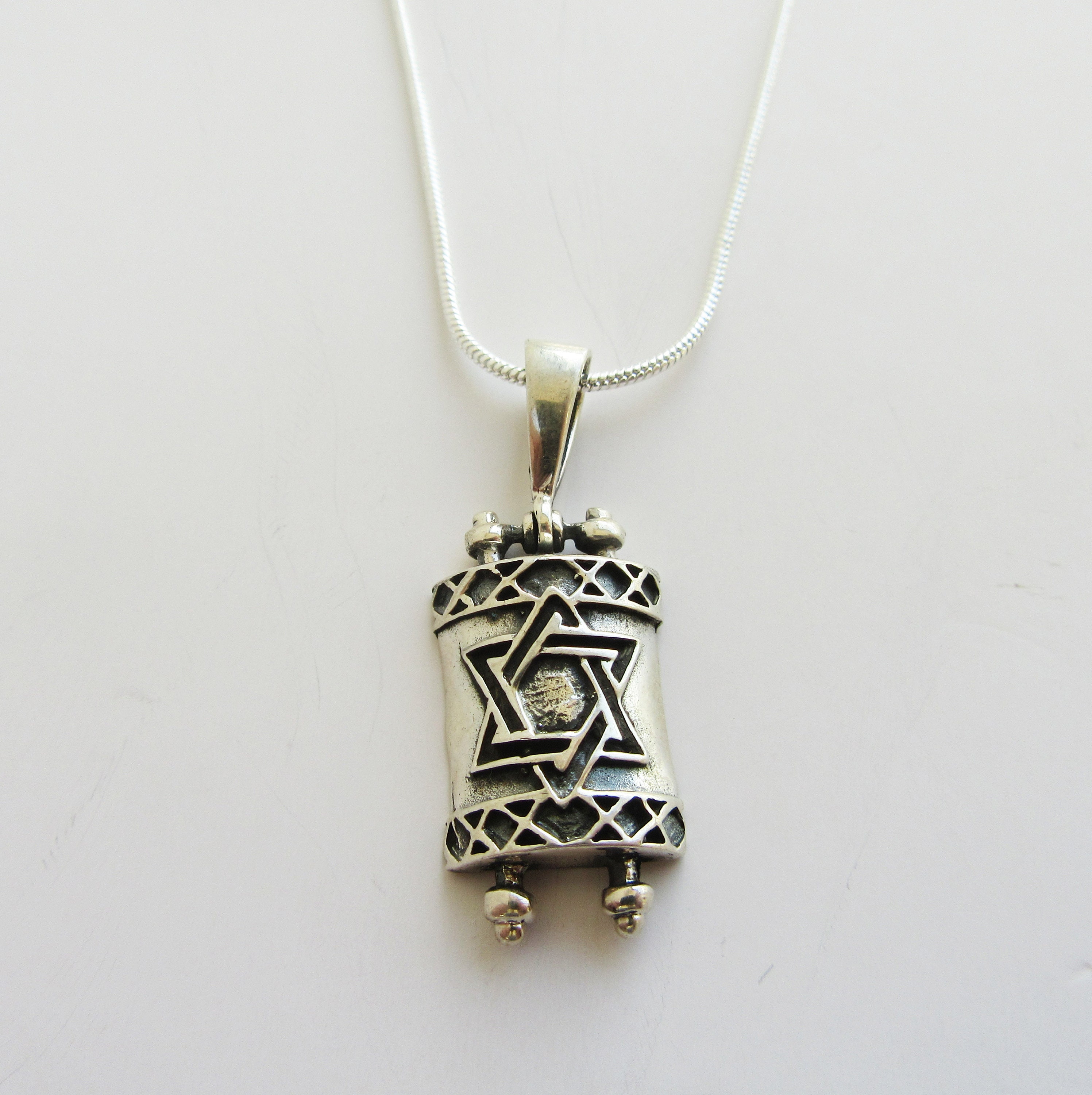 Mezuzah Shape Silver 925 Pendant With Chain. Torah and magen David
