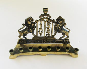Vintage Brass Hanukkah Menorah with Lions, Judaica Chanukia