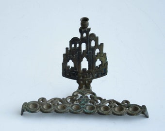 Vintage Solid Brass Hanukkah Menorah, Jerusalem Design