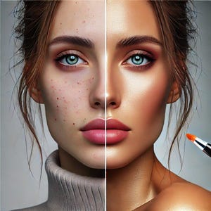 Könnte beinhalten: Ein geteiltes Bild, das den Unterschied zwischen Haut mit und ohne Make-up zeigt. Die linke Seite zeigt Haut mit Unreinheiten und Rötungen, während die rechte Seite makellose Haut mit einem glatten, ebenmäßigen Teint zeigt.