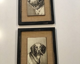 Dog Drawings Pen and Ink Vintage Set of 2 Framed Rustic Frame Burlap Matting Dog Portrait Print Labrador