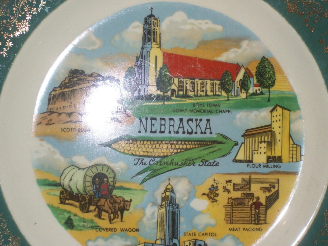 Nebraska Souvenir State Vintage Plate Dish The Cornhusker Etsy