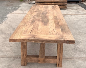 Handmade Reclaimed Oak Dining Table, Rustic Solid Wood Table, Natural Finish Farmhouse Table, Mid-Tone Oak Custom Table