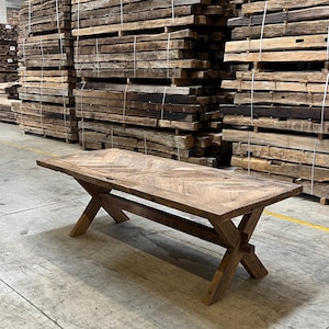 Reclaimed Oak Dining Table, Custom Solid Wood Farmhouse Table, Rustic Handmade Plank or Parquet Top, Industrial Dining Furniture