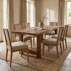 Op de afbeelding: Een rustieke houten eettafel met zes gestoffeerde stoelen. De tafel is rechthoekig en heeft een natuurlijke houten afwerking. De stoelen hebben lichtgeleurde stoffen zittingen en rugleuningen. Onder de tafel en stoelen ligt een beige tapijt.