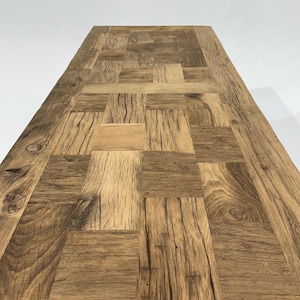 Reclaimed Oak Dining Table: Handmade Rustic Parquet Top, A-Frame Base