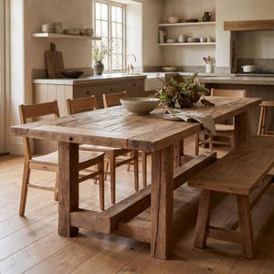 Pode incluir: Uma mesa de jantar retangular de madeira rústica com cadeiras e um banco a condizer. A mesa, com cerca de 240 cm de comprimento, tem um acabamento envelhecido. A sala tem uma paleta de cores neutras, com luz natural.