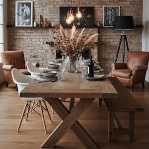 Reclaimed Oak Dining Table: Handmade Rustic Farmhouse Table with X-Leg