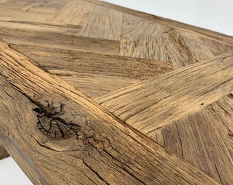 Chevron Reclaimed Oak Dining Table, X-Leg Rustic Wood Table, Handmade Farmhouse Table, Solid Oak Herringbone Top