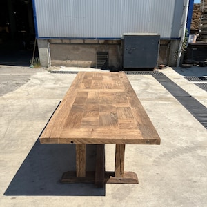 Gridwood Reclaimed Oak Top Dining Table, Rustic Handmade Wood Table With Trestle Base, Solid Farmhouse Table For Kitchen Decor