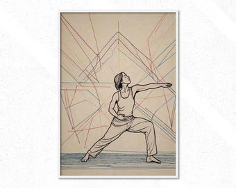 Yoga Pose Warrior, Minimalist Wall Art, Modern Home Decor, Printable Art, Yoga Studio, Meditation Art, Zen Deco, Line Drawing, Geometric Art