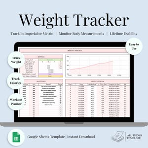 May include: A Google Sheets template for tracking weight, calories, and workouts. The template includes a weight tracker graph, a weight log book, and sections for setting goals, milestones, and rewards. The template is designed to be easy to use and track progress over time.