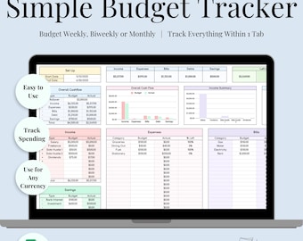 May include: A laptop screen displays a budget tracker template. The spreadsheet is labeled "Simple Budget Tracker" and includes sections for income, expenses, bills, and savings. Text on the screen says "Budget Weekly, Biweekly or Monthly | Track Everything Within 1 Tab."