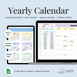 Yearly and Monthly Calendar | Planner for Annual and Monthly events | Google Sheets | Spreadsheet | Track Daily Weekly and Monthly Tasks