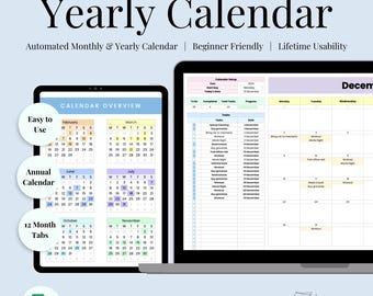 Jahres- und Monatskalender | Planer für Jährliche und Monatliche Ereignisse | Google Sheets | Tabelle | Verfolge deine täglichen, wöchentlichen und monatlichen Aufgaben