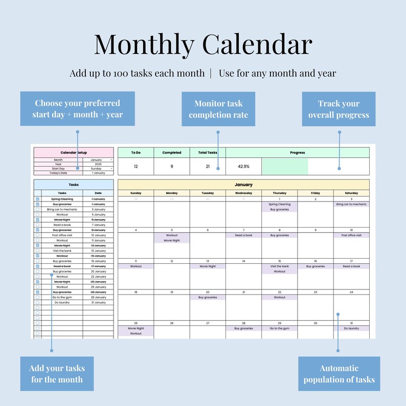 Monthly Planner | Monthly Calendar | Google Sheets | Sunday & Monday ...