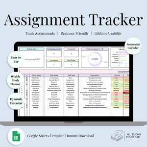 May include: A Google Sheets template for tracking assignments. The template has a colorful design with pink, blue, and green accents. It includes sections for class name, task name, task type, description, priority, and status. The template also includes a progress bar and a pie chart to track progress.