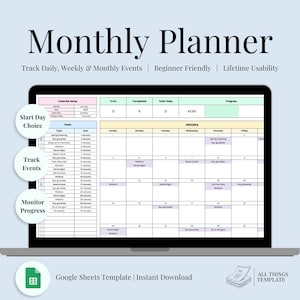 Puede incluir: Una pantalla de computadora portátil que muestra una plantilla de Google Sheets para un planificador mensual. La plantilla está diseñada para realizar un seguimiento de los eventos diarios, semanales y mensuales. La plantilla es fácil de usar para principiantes y tiene una usabilidad de por vida. La plantilla se titula "Planificador mensual" e incluye un calendario para enero con seguimiento de tareas y progreso.