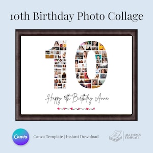 Peut inclure: Un modèle de collage photo imprimable pour un 10ème anniversaire avec un numéro 10 composé de photos. Le texte "Happy 10th Birthday Anna" est écrit sous le numéro. Le modèle est conçu pour être utilisé avec Canva.