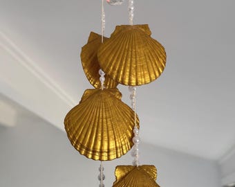 Handmade Sea Shell Wind Chime Sun Catcher with Coastal Print Lobster Sardines and Olives